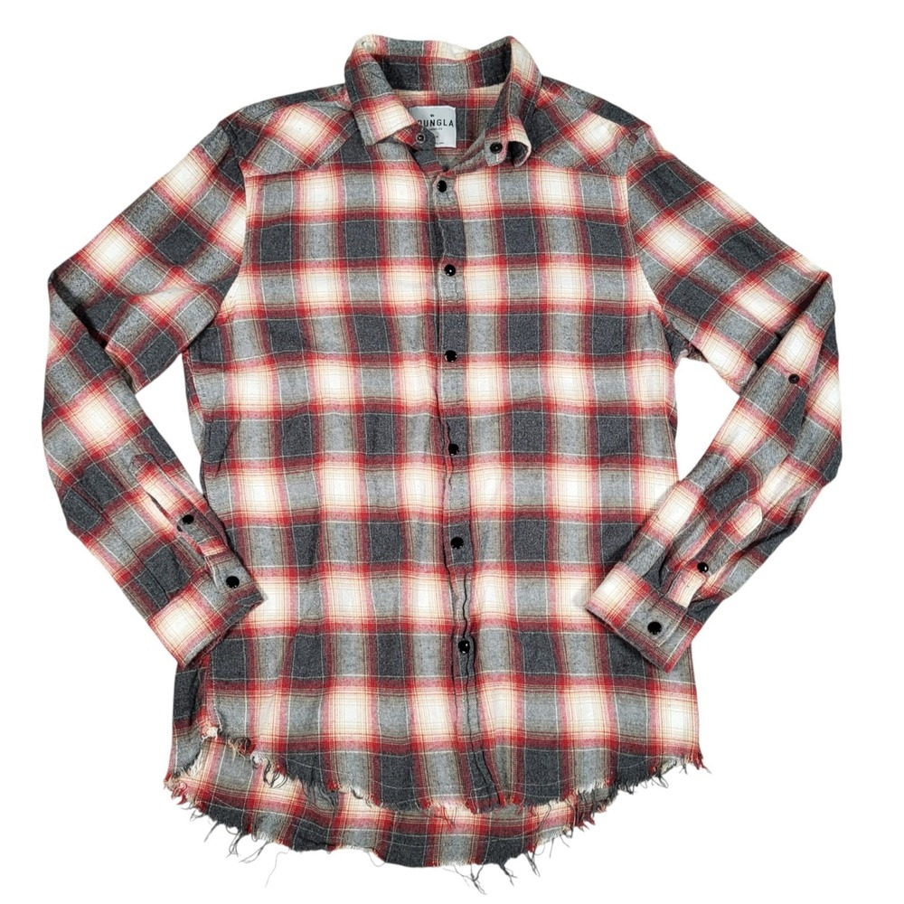 YoungLA Flannel Shirt Mens Medium Plaid Snap Button Fray Hem Lightweight
